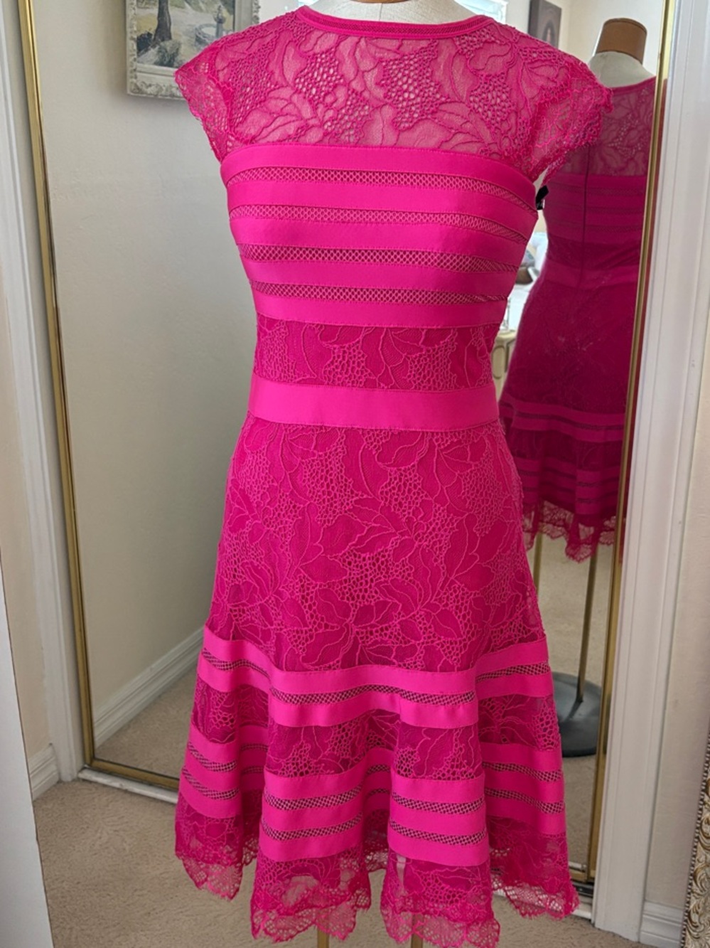 Tadashi Shoji Fuchsia Lace Fit-and-Flare Midi Dress
